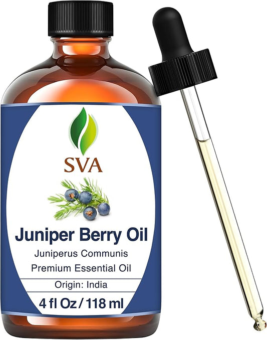 SVA Juniper Berry Essential Oil – 4 Fl Oz – 100% Natural Juniper Oil - for Diffuser, Hair Care, Face, Skin Care, Aromatherapy, Scalp and Body Massage, Soap and Candle Making – with Dropper-VivaGrace Women