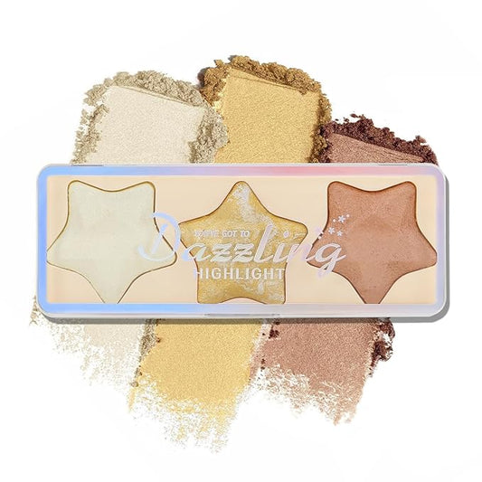 Boobeen 3 Colors Baked Shimmer Highlight & Blush Palette, Powder Palette Facial Bronzers Illuminator Makeup Palette, Lightweight Highlighter Blusher Contour for Cheeks, Lasting Natural Glowing-VivaGrace Women