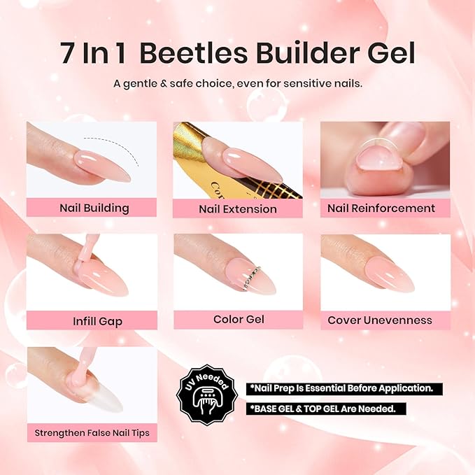Beetles Pink Nude Builder Gel for Nails 7 in 1 Strengthener Gel for Nail Apex & Thickening Nail Extension DIY Salon at Home Beauty Gift Sets for Women Base Coat Top Coat Needed-VivaGrace Women