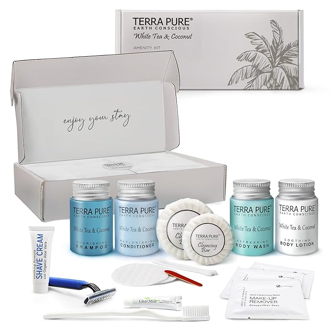 Terra Pure White Tea & Coconut Amenity & Accessory Kit |1 oz Travel Size Shampoo, Conditioner, Lotion, Body Wash, 2 Cleansing Bars, Shave & Dental Sets, Make-Up Remover Wipes, & Vanity Kit | 1 Box-VivaGrace Women