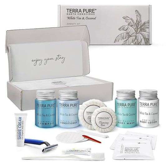 Terra Pure White Tea & Coconut Amenity & Accessory Kit |1 oz Travel Size Shampoo, Conditioner, Lotion, Body Wash, 2 Cleansing Bars, Shave & Dental Sets, Make-Up Remover Wipes, & Vanity Kit | 1 Box-VivaGrace Women