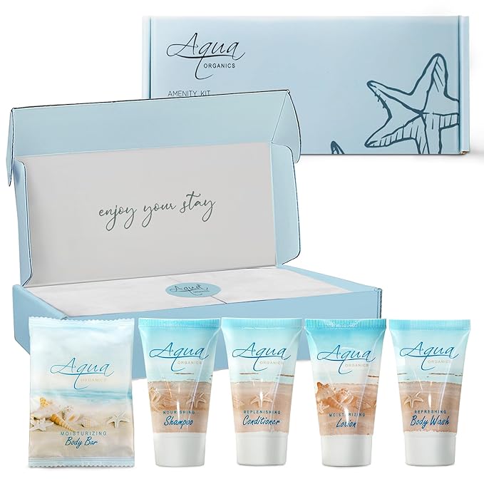1-Shoppe All-In-Kit|Aqua Organics Amenity Kit|Boxed Hotel Toiletries|Bulk Set 1oz Travel Size Shampoo,Conditioner,Lotion,Body Wash & Bar Soap for Guest Hospitality AirBnB/Vacation Rentals|5 Pieces-VivaGrace Women