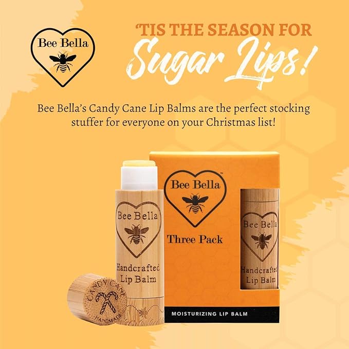 Bee Bella Lip Balm, Candy Cane, 3 Pack - Hydrating, Moisturizing Lip Care, 100% Natural, Original Organic Beeswax with Vitamin E, Handmade in USA-VivaGrace Women