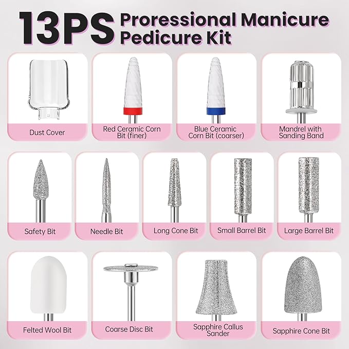 Electric Nail Drill, Cordless 2000 mAh Rechargeable Portable Nail File 12 in 1 Kit for Thick Toenails, 10 Speeds Nail Dril Machine Professional Manicure Pedicure for Hand Natural Nails Care (White)-VivaGrace Women