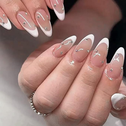 White French Tip Press on Nails Medium Glue on Nails Almond with Rhinestone Designs Glossy False Nails Nude Reusable Acrylic Stick on Nails for Women Girls Manicure Gift 24pcs