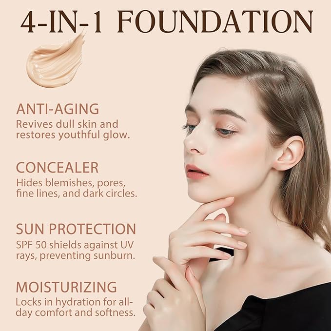 Foundation 4 in 1, SPF 50, Medium Coverage, Hydrating Color Changing Foundation Makeup Liquid, Long-lasting &Waterproof and Sweatproof, Neutral Finish, Suitable for All Skin Types-VivaGrace Women