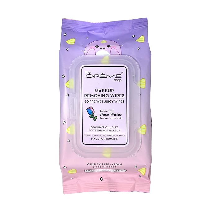 The Crème Shop Makeup Removing Wipes Made with Rose Water for Sensitive Skin (60 Pre-Wet Juicy Wipes)