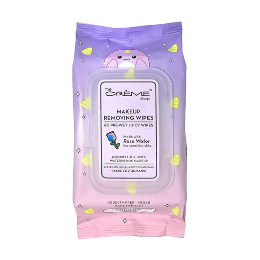 The Crème Shop Makeup Removing Wipes Made with Rose Water for Sensitive Skin (60 Pre-Wet Juicy Wipes)