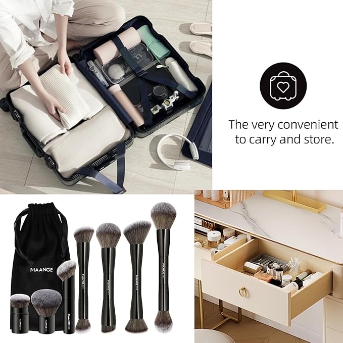 MAANGE 7pcs Makeup Brush Set Double Sided Kabuki Makeup Brushes Contour Brush for Foundation Liquid Powder Concealer Cream Cosmetics Bronzer Blending Blush Buffing Makeup Tools (Black)-VivaGrace Women