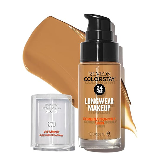 Revlon Liquid Foundation, ColorStay Face Makeup for Combination & Oily Skin, SPF 15, Longwear Medium-Full Coverage with Matte Finish, Toast (370), 1.0 Oz-VivaGrace Women