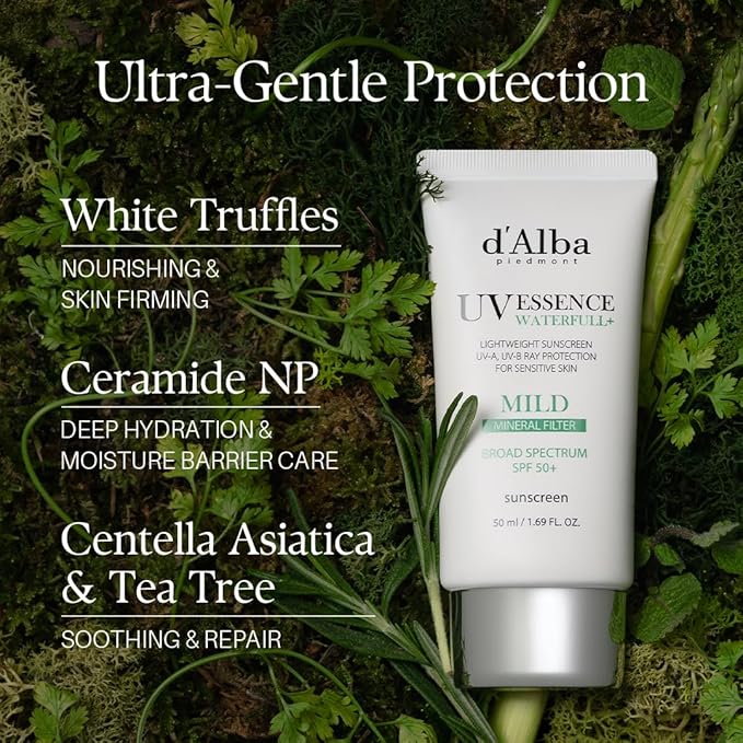 d'alba Piedmont Italian White Truffle Waterfull Mild Sunscreen, Vegan, Mineral Sunscreen, BROAD SPECTRUM SPF 50+ Non-Nano Suitable for Sensitive Skin, Korean Skin Care (1.69 fl. oz)-VivaGrace Women