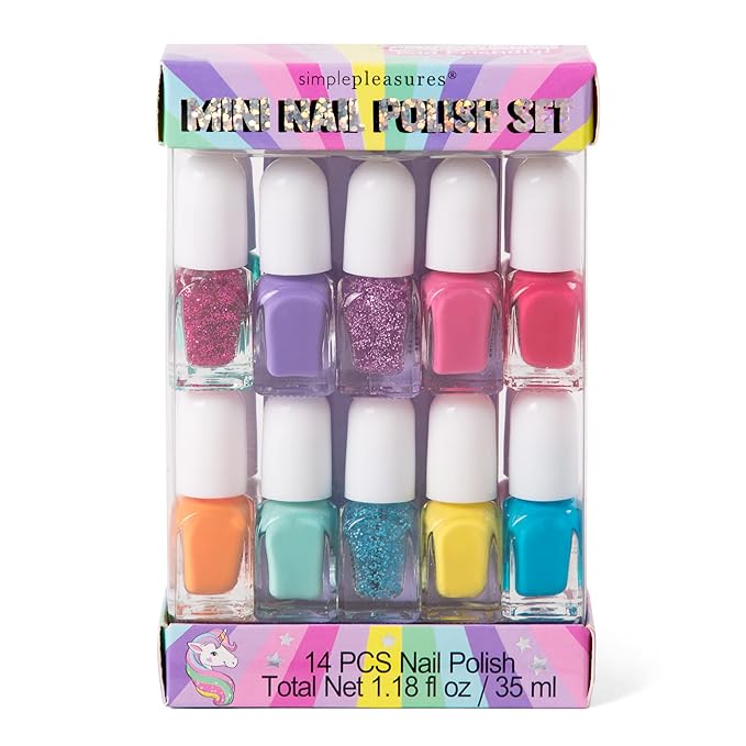 SIMPLE PLEASURES Unicorn Rainbow Kids Nail Polish Set for Girls – 14 Water-Based Non -Toxic Nail Art Kit - Gift Set for Ages 7-12