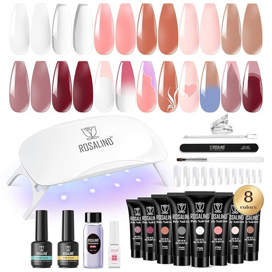 ROSALIND Poly Nail Gel Kit -8 Colors + White Brown Accessories Clear Nude Poly Nails Gel Starter Kit With Slip Solution Nude Pink Extensions Set with Mini UV Lamp-VivaGrace Women