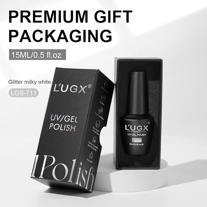 L'UGX Milky White Glitter Gel Nail Polish 15ML Neutral Sparkle Sheer Gel Polish U V Jelly Translucent Natural French Gel Nail Color for DIY Manicure at Home Salon Holiday Gifts for Women