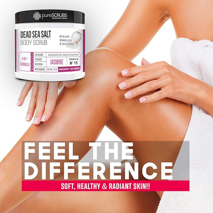 pureSCRUBS Premium Jasmine Body Scrub Set - Large 16oz Dead Sea Salt Body Scrub With Infused Essential Oils & Nutrients Includes Wooden Spoon, Loofah & Oatmeal Exfoliating Bar Soap-VivaGrace Women