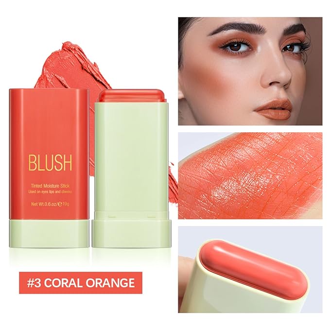 Blush Stick, Cream Blush Stick for Cheeks & Lips, Blendable Long-Lasting Multi-Use Contour Stick & Highlighter Makeup (#3 CORAL ORANGE)-VivaGrace Women