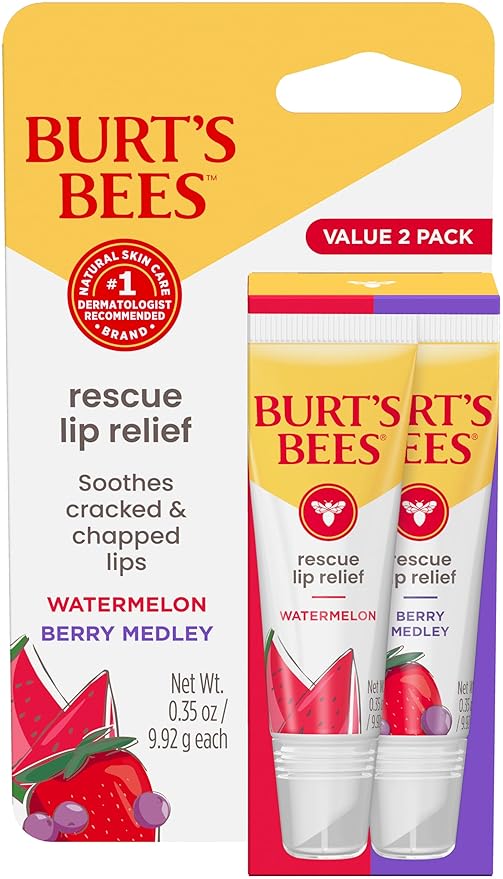 Burt's Bees Rescue Lip Relief, Watermelon & Berry Medley, Hydrating Lip Balm for Dry Cracked Lips, with Responsbily Sourced Beeswax and Shea Butter, 100% Natural Origin, 2 Pack, 0.35oz-VivaGrace Women