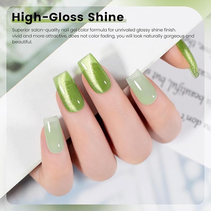 RARJSM Green Jelly Glass Gel Nail Polish Set 6pcs Clear Crytal Army Dark Jade Sage Green Transparent Sheer Amber Series Milky Diamond Cat Eye Gel Varnish LED UV Curing Requires-VivaGrace Women