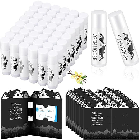 50 Pcs Open House Lip Balm with Cards Real Estate Agent Supplies Lip Moisturizer Moisturizing Lip Balm Bulk Moisturizing Lip Balm Stick for Open House Business Advertising Events-VivaGrace Women