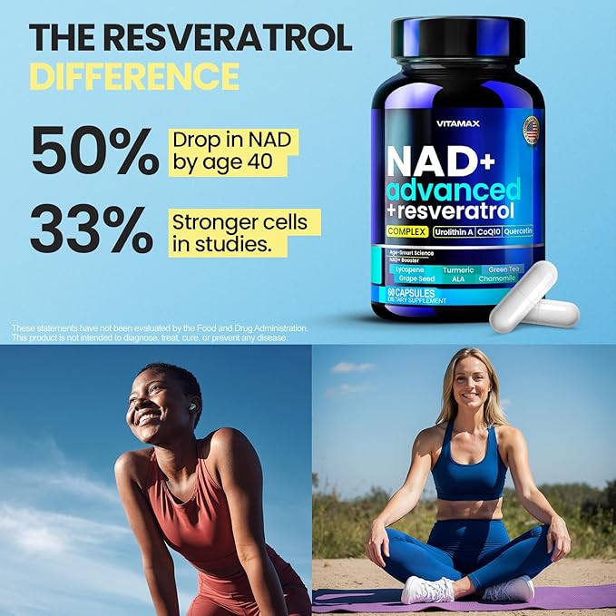 NAD Supplement Extra Strength - Liposomal + Resveratrol for Women & Men, CoQ10, Alpha Lipoic Acid, Green Tea, Quercetin, Urolithin A, Lycopene – High Purity Anti-Aging, Energy & Regeneration – 60ct-VivaGrace Women