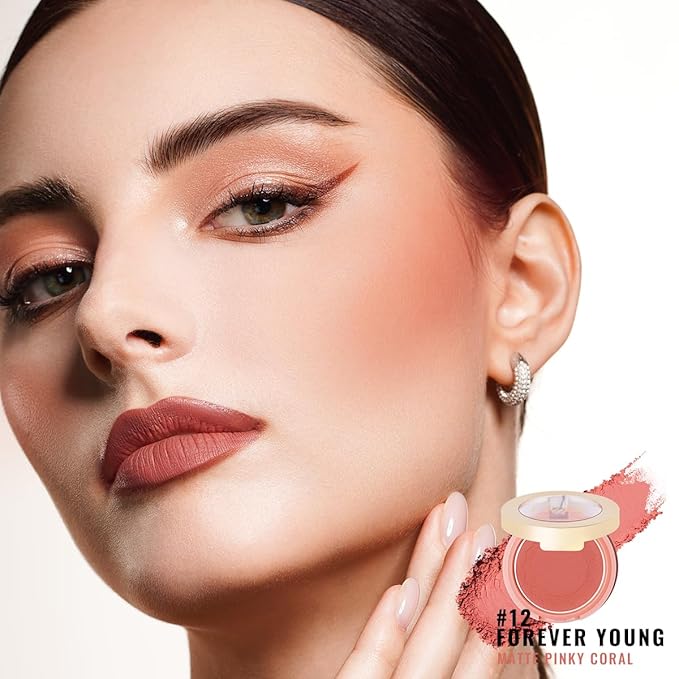 Oulac Blush Face Coral Matte | Pigmented Powdery Cream Blusher Warm Skin Light Medium| Natural Matte | Light Weight&Blendable| Cruelty-Free Blush| 12 Forever Young 4.8g-VivaGrace Women