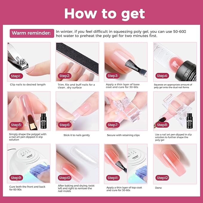 JEWHITENY 28 Colors Poly Nail Gel Kit with Base Top Coat Purple Blue Yellow Nude Pink Glitter Shades Quick-Dry for Beginners DIY Need U V Lamp Curing-VivaGrace Women