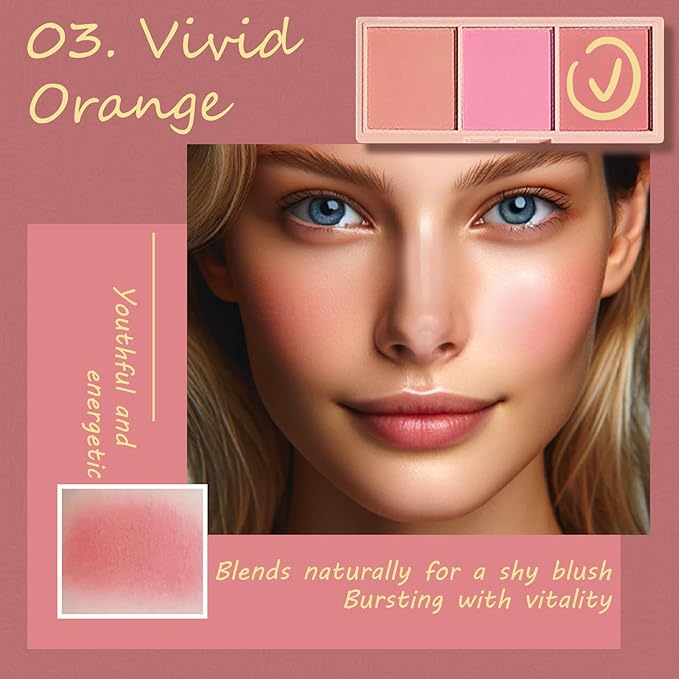 3 Color Matte Pink Blush Palette with Brush, Long Lasting Cheek Makeup, Smooth and Light Blush Powder for Face Beauty-VivaGrace Women