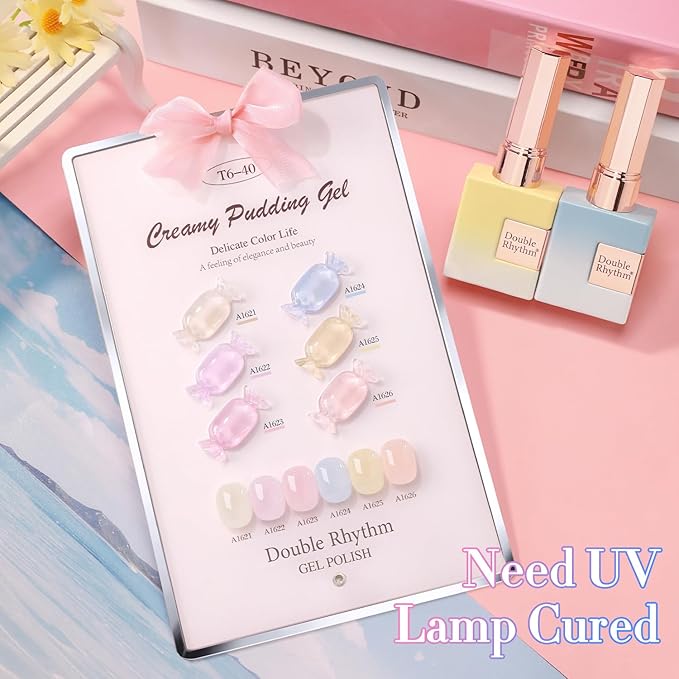 Double Rhythm 6 Pcs 15 ML Gel Polish Set Same Color Same Bottle Soak Off Gel Polish Kit Nail Art Manicure Salon DIY at Home for Women (Jelly Blue Purple Nude Pink-T6-40)-VivaGrace Women