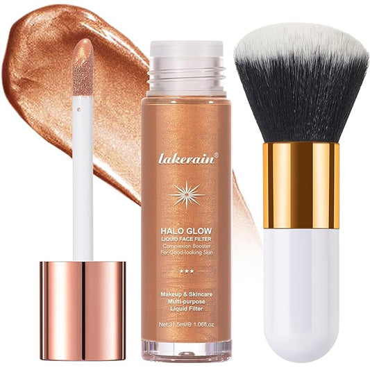 Natural Glow Liquid Filter Makeup, Longwear Face Luminizer, Complexion Booster For Any Part of the Body, Liquid Highlighter with Brush Kit, Infused Hyaluronic Acid, 1.06 fl oz (#05 MEDIUM/TAN)-VivaGrace Women