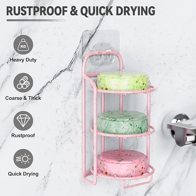 Pink 3-Tier Shower Soap Shampoo Bar Holder, Self Adhesive & Freestanding Draining Soap Dish Caddy for Bathroom Wall Accesories Decor-VivaGrace Women