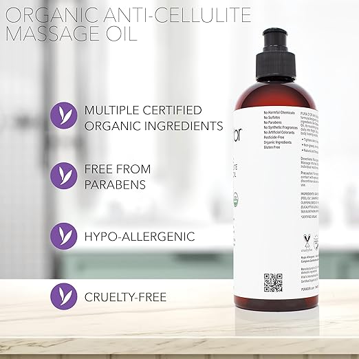 PURA D'OR 16 Oz Organic Anti-Cellulite Massage Oil - Lemon Peel, Moringa, Grape Seed, Grapefruit & Eucalyptus Oils - Skin Firming & Tightening for Active Individuals & Aging Adults-VivaGrace Women