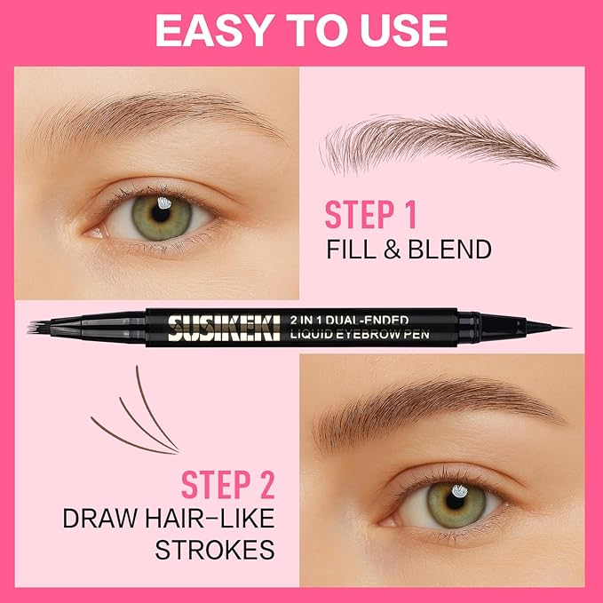 Dual Ended Microblading Eyebrow Pen - 2 in 1 Liquid Eyebrow Pencil with Brow-Fection Angled Brush & Precise Detail Brush-Tip, Shapes & Fills Hair-Like Looking Brows, Lasts All-Day, Brown-VivaGrace Women
