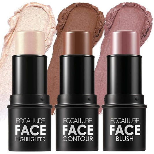 FOCALLURE 3 Pcs Cream Contour Sticks,Shades with Highlighter & Bronzer & Blush,Non-greasy Long-wear Face Contouring Pen,Easy to Sculpt the Face and Create a Lightweight Finishing Makeup,NEUTRAL-VivaGrace Women