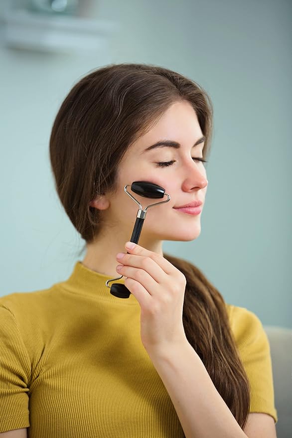 Eye Mask Set (2packs) - Hot and Code Eye Mask and Facial Roller Tools Set 100% Natural Jade Stone Beauty Massage Body Eyes Neck for Dark Circles and Puffiness-Color Black-VivaGrace Women