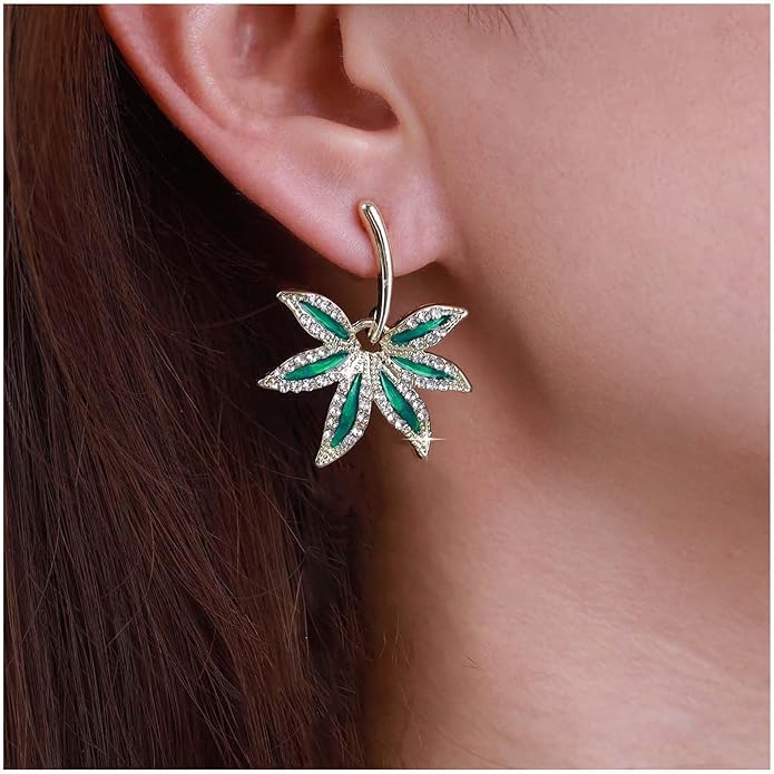 Vintage Emerald Pot Leaf Earrings Green Leaf Drop Earrings Green Marijuana Leaf Earrings Gold Cz Leaf Dangle Earrings Jewelry for Women-VivaGrace Women