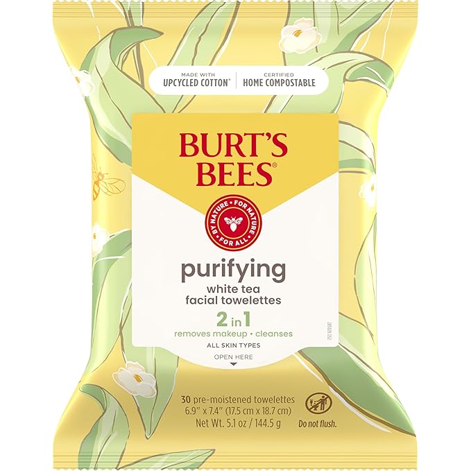 Burt's Bees Purifying Facial Towelettes With White Tea, Pre-Moistened Towelettes for All Skin Types, 99.1 Percent Natural Origin Skin Care, 30 ct. Package