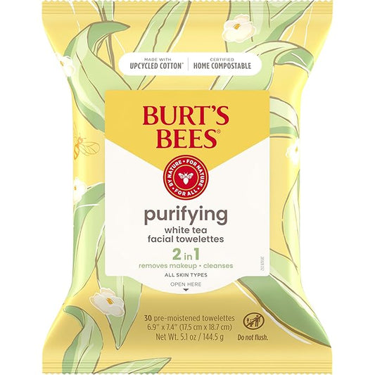 Burt's Bees Purifying Facial Towelettes With White Tea, Pre-Moistened Towelettes for All Skin Types, 99.1 Percent Natural Origin Skin Care, 30 ct. Package