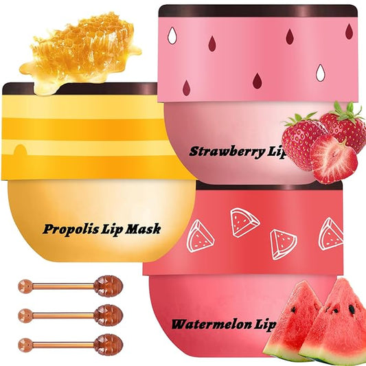 3 Pcs Bee Lip Balm Honey Pot, Honey Strawberry Watermelon Lip Mask Overnight, Moisturizing Sleeping Lip Mask, Hydrate Repair Prevent Dry Cracked Lip Care (Honey+Strawberry+Watermelon)-VivaGrace Women