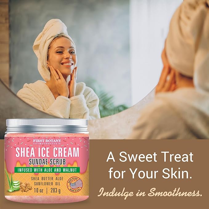 First Botany Body Scrub - Natural Exfoliating Salt Scrub & Body and Face Souffle helps with Moisturizing Skin, Acne, Cellulite, Dead Skin Scars, Wrinkles (10 fl oz, Shea Icecream)-VivaGrace Women