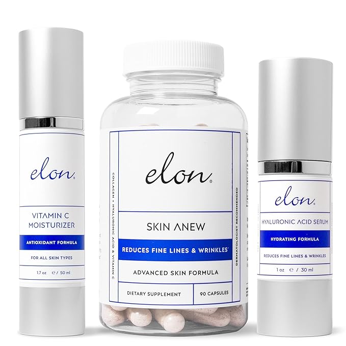 Elon Face Skin Care Set – Skin Care Kit w/ Antioxidant C Moisturizer for Face, Skin Anew Hydrolyzed Collagen Capsules, & Hyaluronic Acid Serum for Face – Skin Care Products for All Skin Types-VivaGrace Women