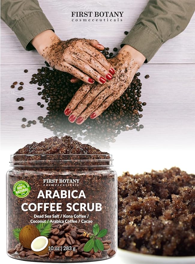 First Botany Cosmeceuticals, 100% Natural Arabica Coffee Scrub with Organic Coffee Coconut & Shea Butter Acne Anti Cellulite & Stretch Mark treatment Spider Vein Therapy, Varicose Veins Eczema, 10 oz-VivaGrace Women