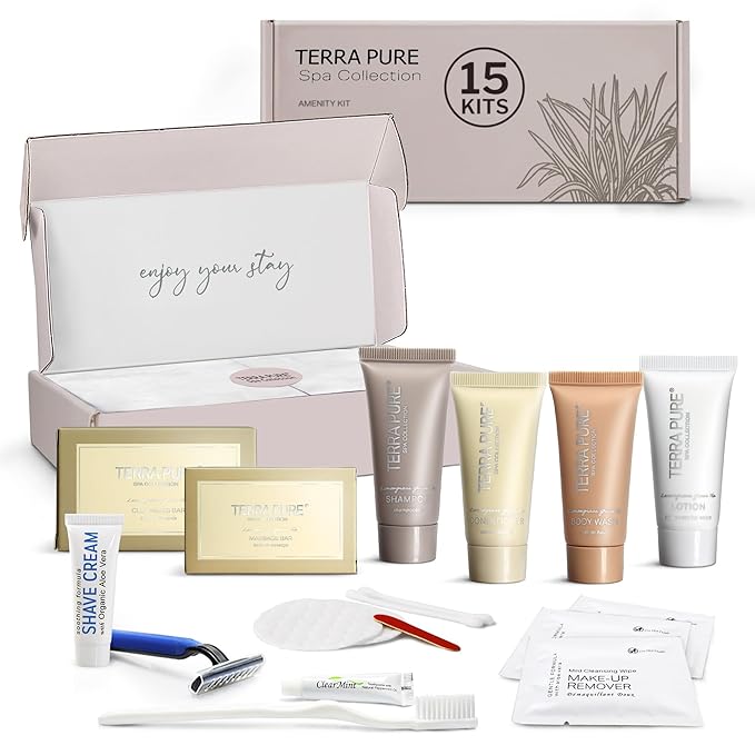 Terra Pure Spa Collection Amenity & Accessory Kit |1 oz Travel Size Shampoo, Conditioner, Lotion, Body Wash, 2 Soap Bars, Shave & Dental Sets, Make-Up Remover Wipes, & Vanity Kit | 15 sets/case-VivaGrace Women