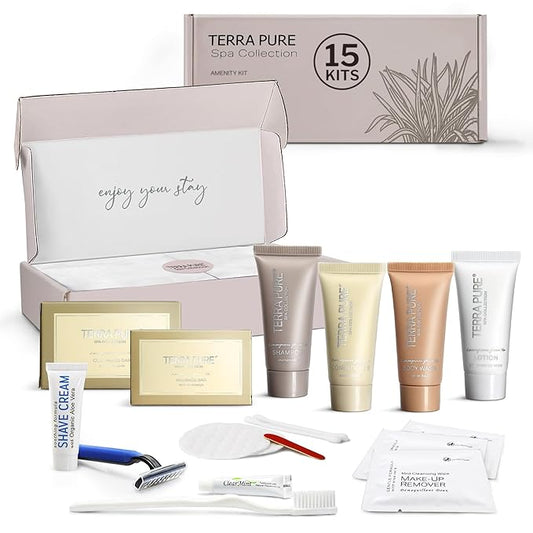 Terra Pure Spa Collection Amenity & Accessory Kit |1 oz Travel Size Shampoo, Conditioner, Lotion, Body Wash, 2 Soap Bars, Shave & Dental Sets, Make-Up Remover Wipes, & Vanity Kit | 15 sets/case-VivaGrace Women