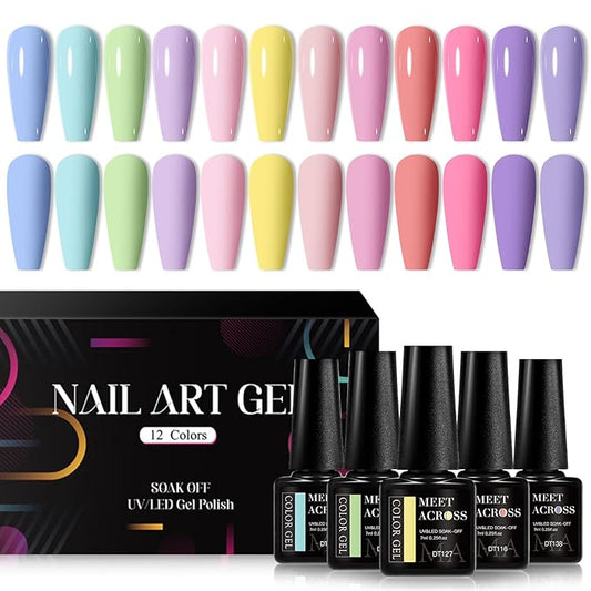 MEET ACROSS 12pcs Gel Nail Polish Set,Soak Off UV LED Lamp Gel Nail Polish Kit,Fashion Shimmer Nail Art Design Gifts for Women Manicure Salon (candy color)