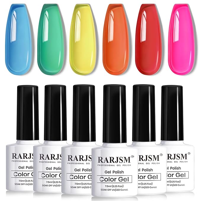 RARJSM Colorful Stained Glass Gel Nail Polish Set 6pcs Clear Crytal Blue Green Yellow Orange Red Neon Pink Series Transparent Sheer Amber Milky Gel Varnish LED UV Curing Requires French Manicure-VivaGrace Women