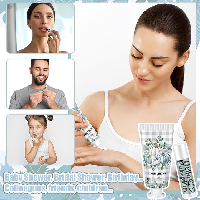 144 Pcs Fall Lip Balm Hand Cream Set Party Favors, Include 36 Blue Pumpkin Lip Balm 36 Moisturizing Hand Cream 36 Bags 36 Cards and Ropes for Autumn Accessories Gifts-VivaGrace Women