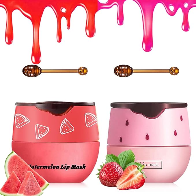 2 PCS Bee Lip Balm Honey Pot, Strawberry & Watermelon Lip Sleeping Masks Overnight, Hydrating Prevention Dry and Cracked Lip Scrubs Exfoliator Lip Care, Reduces Lip Lines-VivaGrace Women