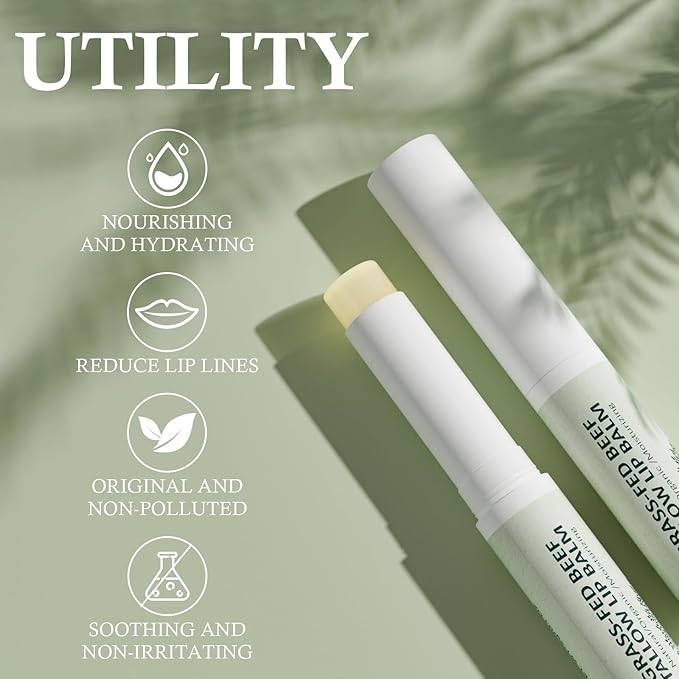 Tallow Lip Balm, Natural Lip Balm, Beef Tallow for Skin, Tallow Balm, All Natural Unscented 100% Grass Finished Beef Tallow Chapstick Organic Moisturizing Hydrates Dry Lips Moisturizer for Lip Care-VivaGrace Women