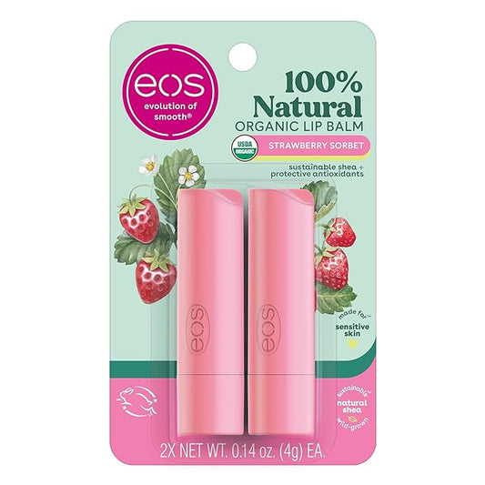 eos 100% Natural & Organic Lip Balm- Strawberry Sorbet, Dermatologist Recommended for Sensitive Skin, All-Day Moisture, 0.14 oz, 2 Pack-VivaGrace Women