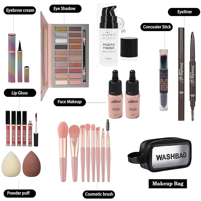 All in One Makeup Kit, Includes 20 Colors Eyeshadow Palette, RUIGPRO Foundation & Face Primer, Makeup Brush, Makeup Sponge, Eyebrow Soap, Winged Eyeliner Stamp, Gift Set for Women, Girls & Teens-VivaGrace Women
